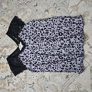 Leopard Print Top Lace V Neck Short Sleeve T Shirt Loose Fitting Tunic Crochet